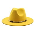 Detail of yellow wool fedora hat featuring a woven band and dark brown buckle strap - Yellow