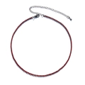Close-up of red zircon necklace with gunmetal chain, lobster clasp and extension chain - Red Rhinestone (Gun Black Plated)