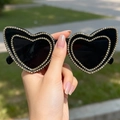 Fashionable black heart-shaped sunglasses with double-row rhinestone crystal embellishments - Black