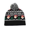 Detailed view of winter knit beanie featuring Santa Claus pattern and mixed fur pom-pom - M(54-58cm) / Black Santa HO HO HO (10#)