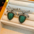 Detail of vintage strawberry earrings with green stones and zircon bow in a wooden box - 925 Sterling Silver Earring Post - Gun Black - Green