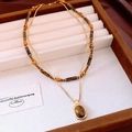 Double-layered tiger eye stone necklace with gold chain in vintage Saturn style - 26# Gold-Coffee-Real Gold Plated