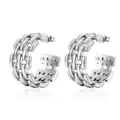 Polished silver stainless steel C-shape earrings with hollow triple-row chain link design - Steel (MS-130)