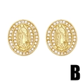 Vintage Virgin Mary gold oval stud earrings with zircon stones and hollowed pattern - Style B (Oval Pave White Zircon Virgin Mary)