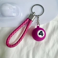 Detail of pink braided leather strap with purple number 4 billiard ball pendant keychain - No.4 (Purple/Pink)