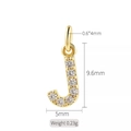 Golden 14K zircon letter J pendant charm with detailed size measurements and weight - Letter J