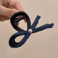 Haarklammer mit blauer Denim-Schleife, schwarzem Glanz und silberner Perle - Dunkelblaue Schleife