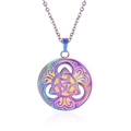 Macro shot of 18k plated rainbow gradient celtic witch knot pendant with hollow pattern - Rainbow