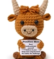 Handmade crochet highland cow doll with positive message card on white background - Highland Cow