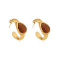 Golden C-shaped earrings with brown teardrop cat eye stone in a minimalist design - C-Shape Water Drop Earrings / Brown