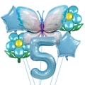 Blue number 5 balloon set with iridescent butterfly and sunflower decorations - Number 5 / Holographic Blue
