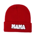Red knit beanie featuring white MAMA towel embroidery on a clean white background - Burgundy