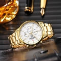 Detailed close-up of gold stainless steel men's watch with white dial and chronograph sub-dials - Gold Case White Dial
