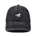 Vintage dark gray washed cotton baseball cap featuring white horse embroidery and curved brim - Black