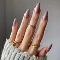 Golden stackable ring set with nail, star, and chain designs on long purple nails - Purple (JP2131)