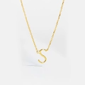 Macro shot of gold S925 sterling silver letter S pendant necklace with small diamond - S