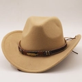 Sombrero de vaquero de fieltro de lana caqui con hebilla de hoja y cinta trenzada - M (56-58cm) / Camel