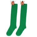 Detail of green over-knee Christmas socks with a cute 3D reindeer doll and knit texture - Kids (7-12 Years Old) / Pure Green / Red Hat Reindeer