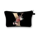 Black polyester makeup bag with golden floral letter Y print and secure zipper closure - Polyester / Letter Y