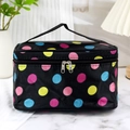 Square black makeup bag with colorful polka dots, zipper closure, and top handle - Black Rainbow Dot