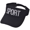 Detail view of black sport sun visor hat with white embroidered lettering on the front - Black