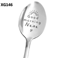 Macro detail of Good morning Nana engraving on polished stainless steel long handle spoon - Good morning Nana