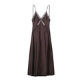 Chocolate brown satin slip dress with lace patchwork and thin straps on a white background - XS / Coffee