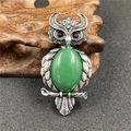 Vintage owl pendant brooch with antique silver finish and oval green crystal gemstone - Green Aventurine