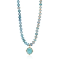 Detail of beaded necklace with light blue and pink stones and golden oval pendant - Oval Amazonite Pendant Style (Style 3)
