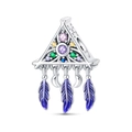 Detailed dreamcatcher charm with colorful zircons, purple feathers, and silver crescents - Dreamcatcher Triangle Bead (PAC1311)