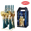 24-piece stainless steel cutlery set with green handles and gold finish on metal rack - 24-Piece Set / Green Gold