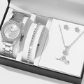 Elegant 5-piece silver women's watch set including necklace, earrings, ring and bracelet - Silver Set 6 (Orange Box)