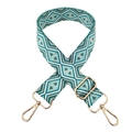 Detail of adjustable geometric diamond pattern bag strap with light gold metal swivel hooks - Beige Blue Green Triangle