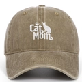 Detailed close-up of Cat Mom embroidery on vintage washed brown cotton baseball cap - Khaki