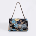 Sequin embroidered woven shoulder bag with floral patterns and metal chain strap - Dark Blue