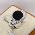 Anello a sigillo minimalista in argento con una grande pietra nera tonda per uomo e donna - US 8 / Acciaio Pietra Nera