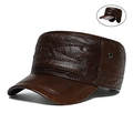 Men's dark brown leather flat cap with earflaps for winter warmth and wind protection - 6-Stud Flat Top Military Cap Light Coffee
