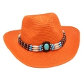 Detailed view of orange straw cowboy hat with ethnic beaded band and turquoise stone - Orange