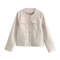Chaqueta minimalista de tweed beige con botones dorados grabados y bolsillos de solapa - S / Beige