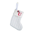 White knitted Christmas stocking featuring a red embroidered letter U with a Santa hat - White-Letter U