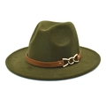 Detail of olive green wool fedora with brown leather band and gold chain buckle - M (56-58cm) / Army Green