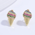 Detail of ice cream cone stud earrings with colorful gemstones and textured gold finish - Gold Colorful Stone Ice Cream Style (VE1579)