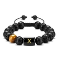 Adjustable black volcanic stone and tiger eye bead bracelet with golden letter X charm - Letter-X