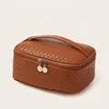 Caramel brown woven PU leather makeup bag with square shape and double zipper - Square Bag / Caramel Brown