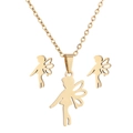 Golden stainless steel jewelry set featuring fairy silhouette necklace and earrings - 107 Fairy Pixie - Gold