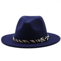 Navy wool fedora featuring a zebra print band and silver metal buckle detail - M (56-58cm) / Navy Blue