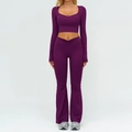 Completo yoga viola scuro da donna con top corto a maniche lunghe e pantaloni a zampa - Taglia S / Top E Pantaloni / Manica Lunga + Pantaloni a Zampa / Viola Giga