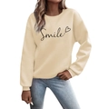 Beige round neck sweatshirt with black Smile lettering and heart print for women - S / Khaki