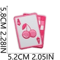 Close-up of pink cherry playing cards embroidery patch with size measurements - No.31-Cherry Poker Cards