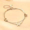 Detail of silver double-layer butterfly bracelet with shell inlay on snakeskin chain - Steel Color White Shell Butterfly Bracelet (O504)